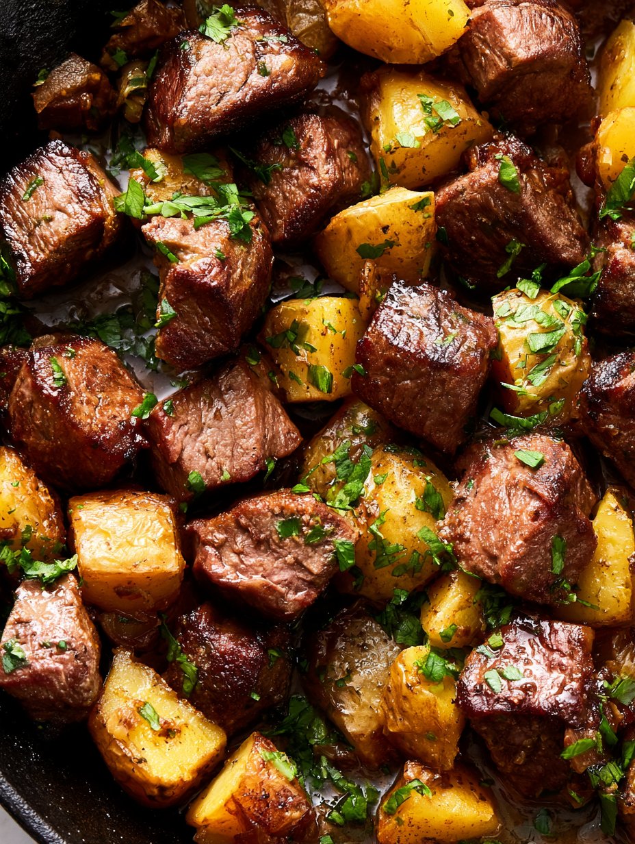 Bocados de bistec con mantequilla de ajo y papas
