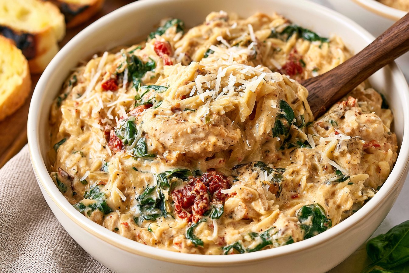 Slow Cooker Creamy Tuscan Chicken Orzo