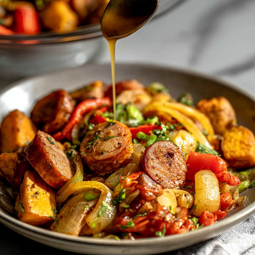 Sheet Pan Sausage with Peppers, Onions, and Sweet Potatoes