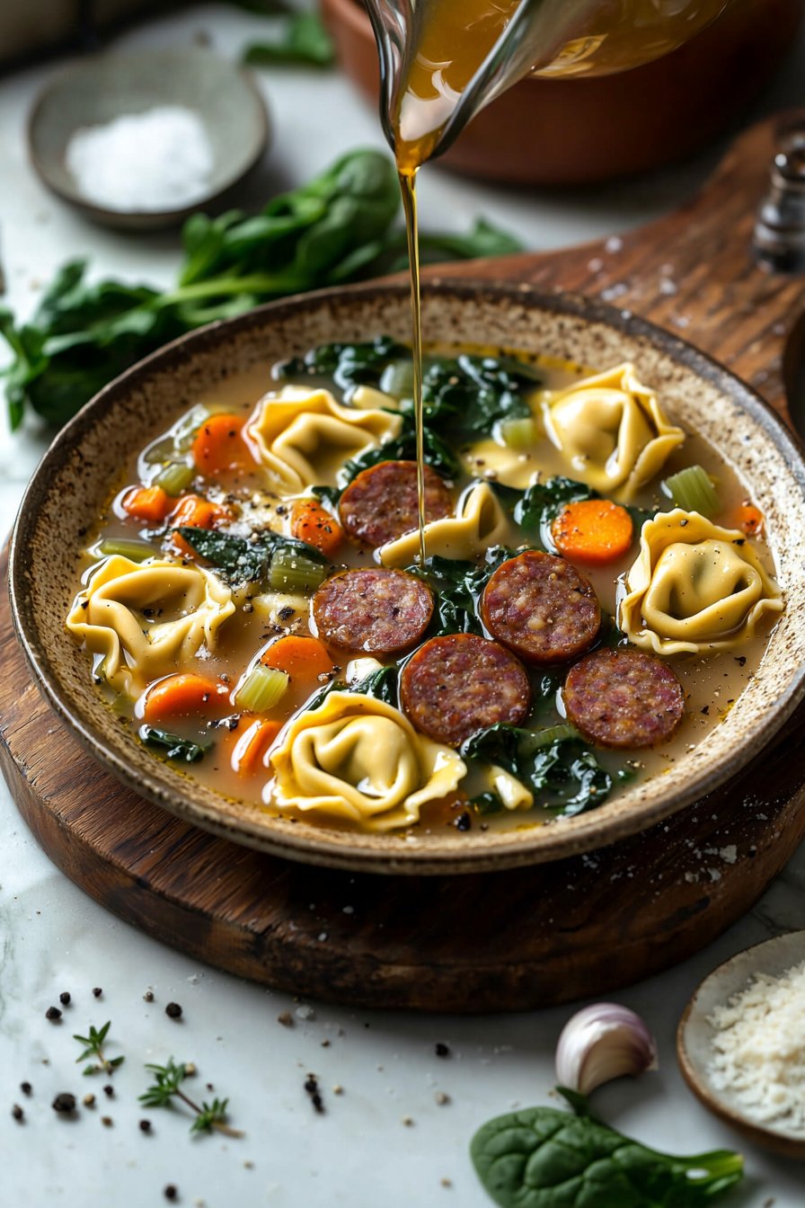 Gemütliche Herbst Tortellini Suppe mit Wurst