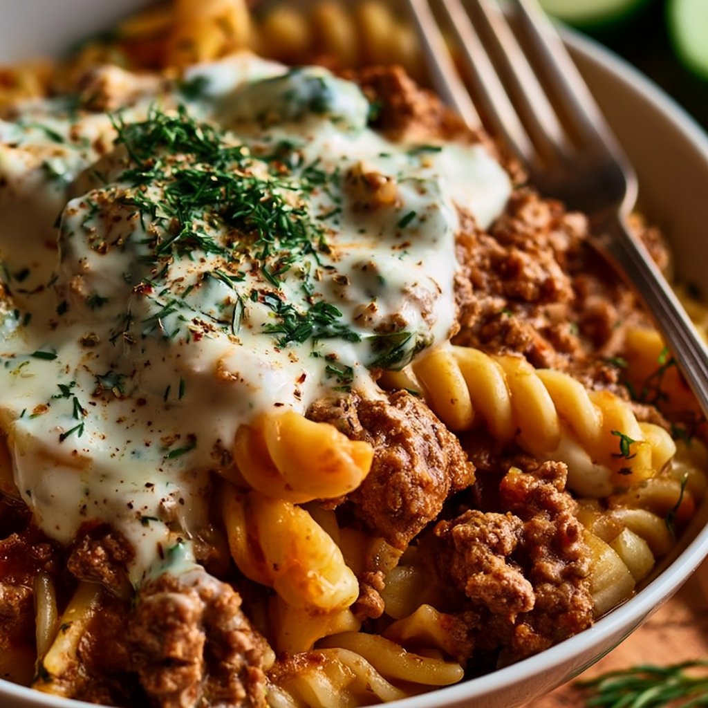 Türkische Pasta mit Hackfleisch und Joghurt-Sauce