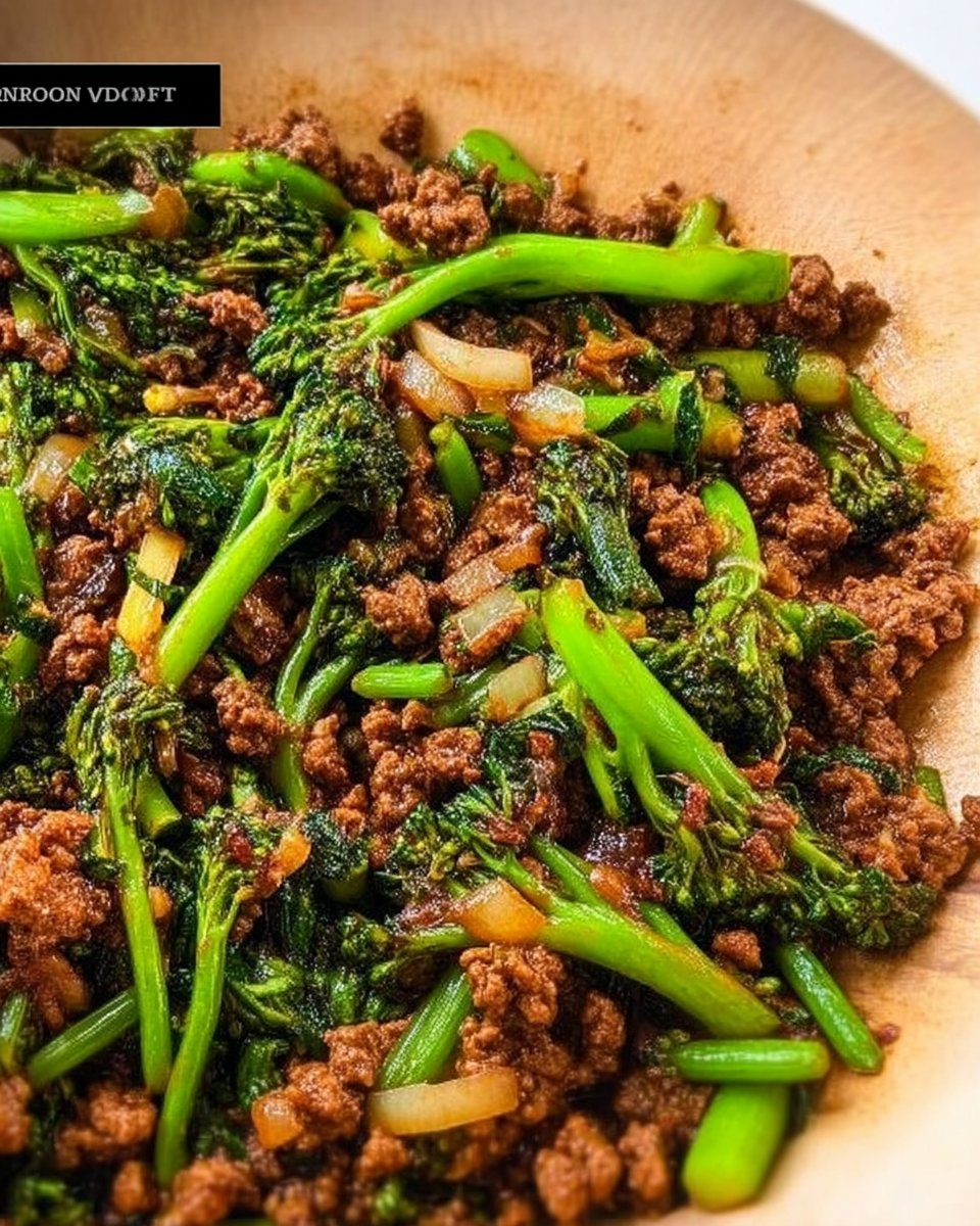 Caramelized Ground Beef with Stir-Fried Baby Broccoli