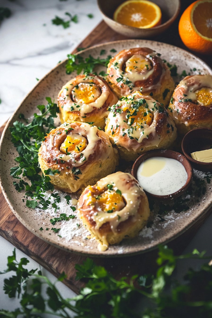 Orangenbrötchen mit einem warmen Sauerrahm-Butter-Guss