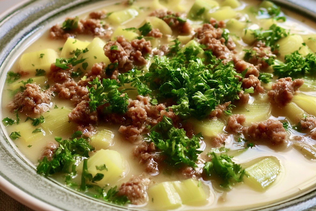 Lauchsuppe mit Hackfleisch