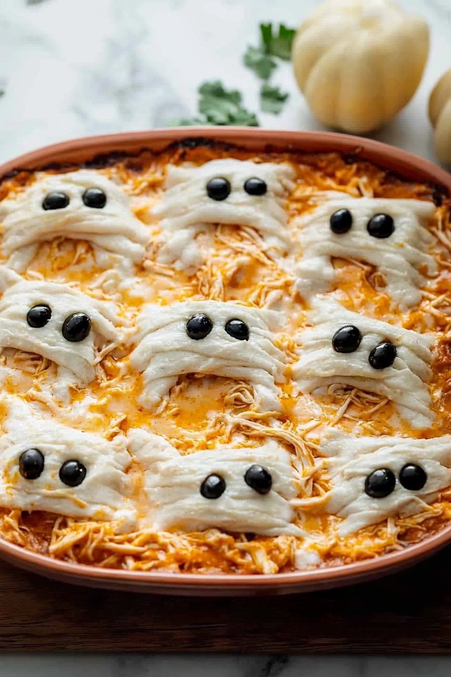 Halloween Buffalo Chicken Dip with Mummy Topping