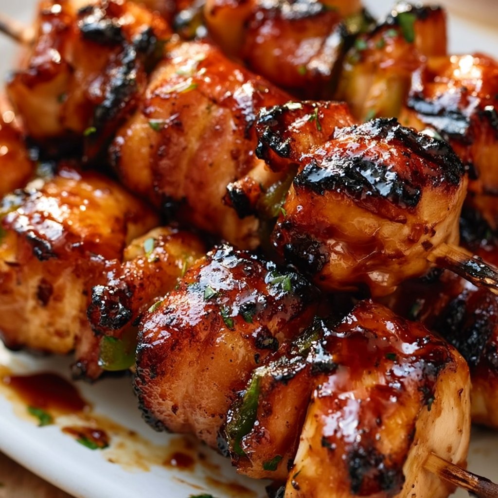 Gegrillte Honig-BBQ-Bacon-Hühnchen-Spieße einfach zubereiten