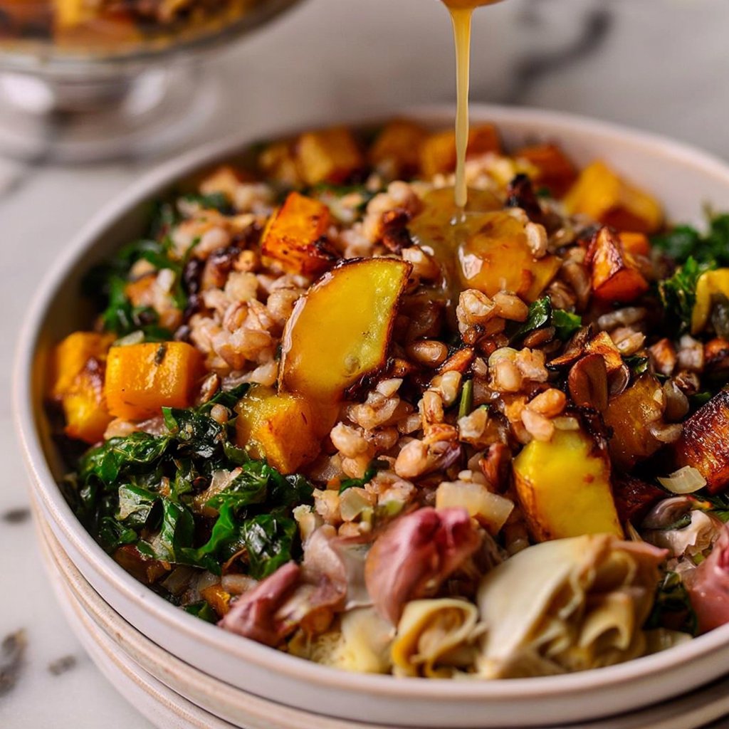 Fall Farro Grain Bowl with Roasted Veg and Crispy Cheese