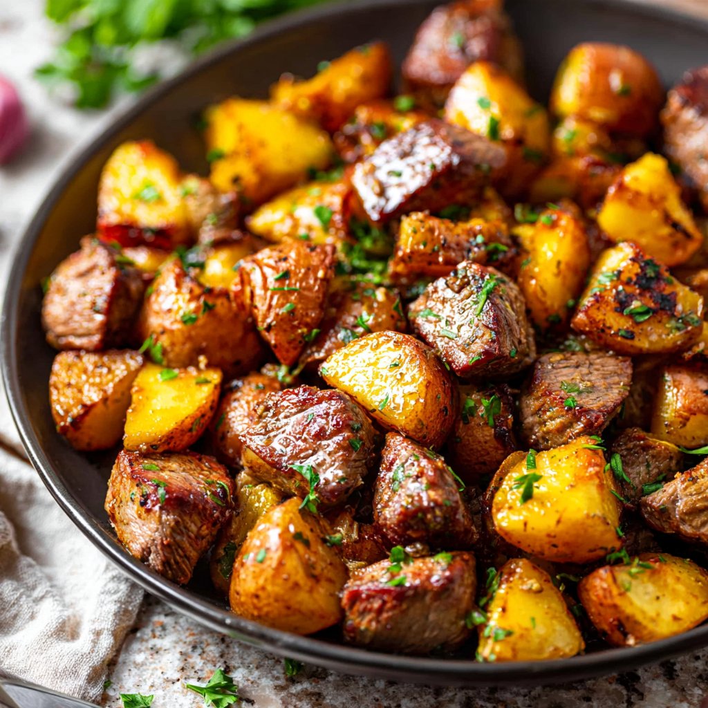 One-Pan Garlic Herb Butter Steak Bites & Potatoes