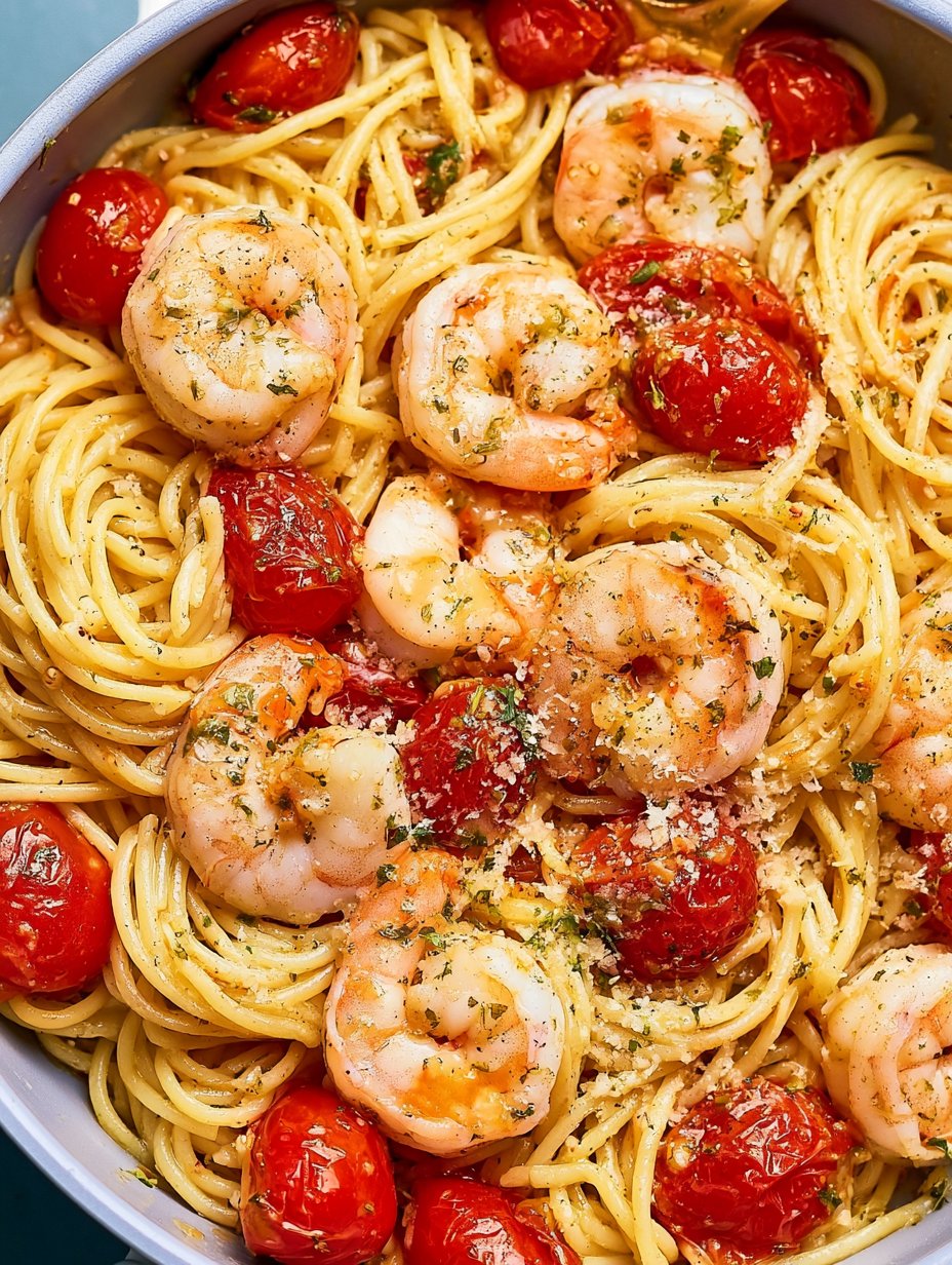 Pasta con tomates cherry y camarones