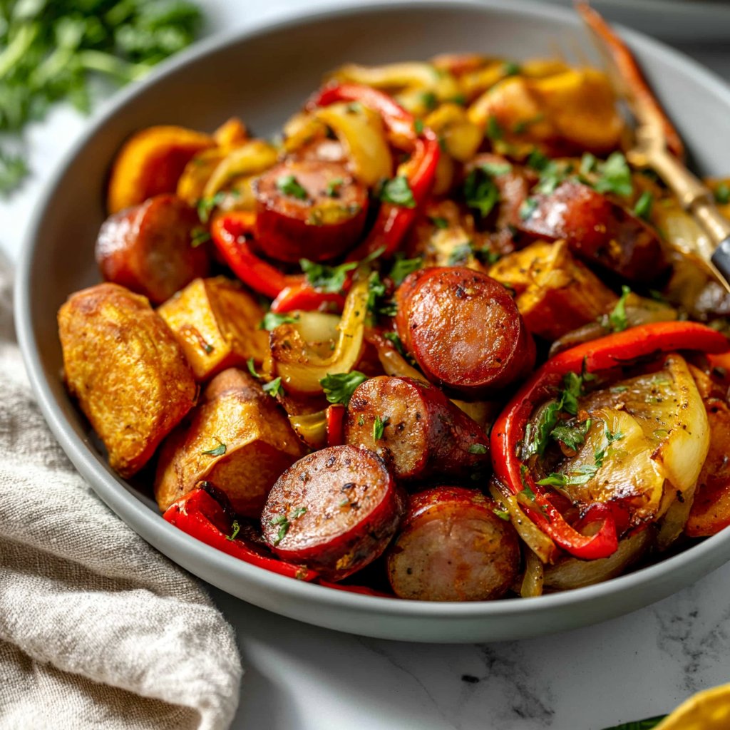 Sheet Pan Sausage with Peppers, Onions, and Sweet Potatoes