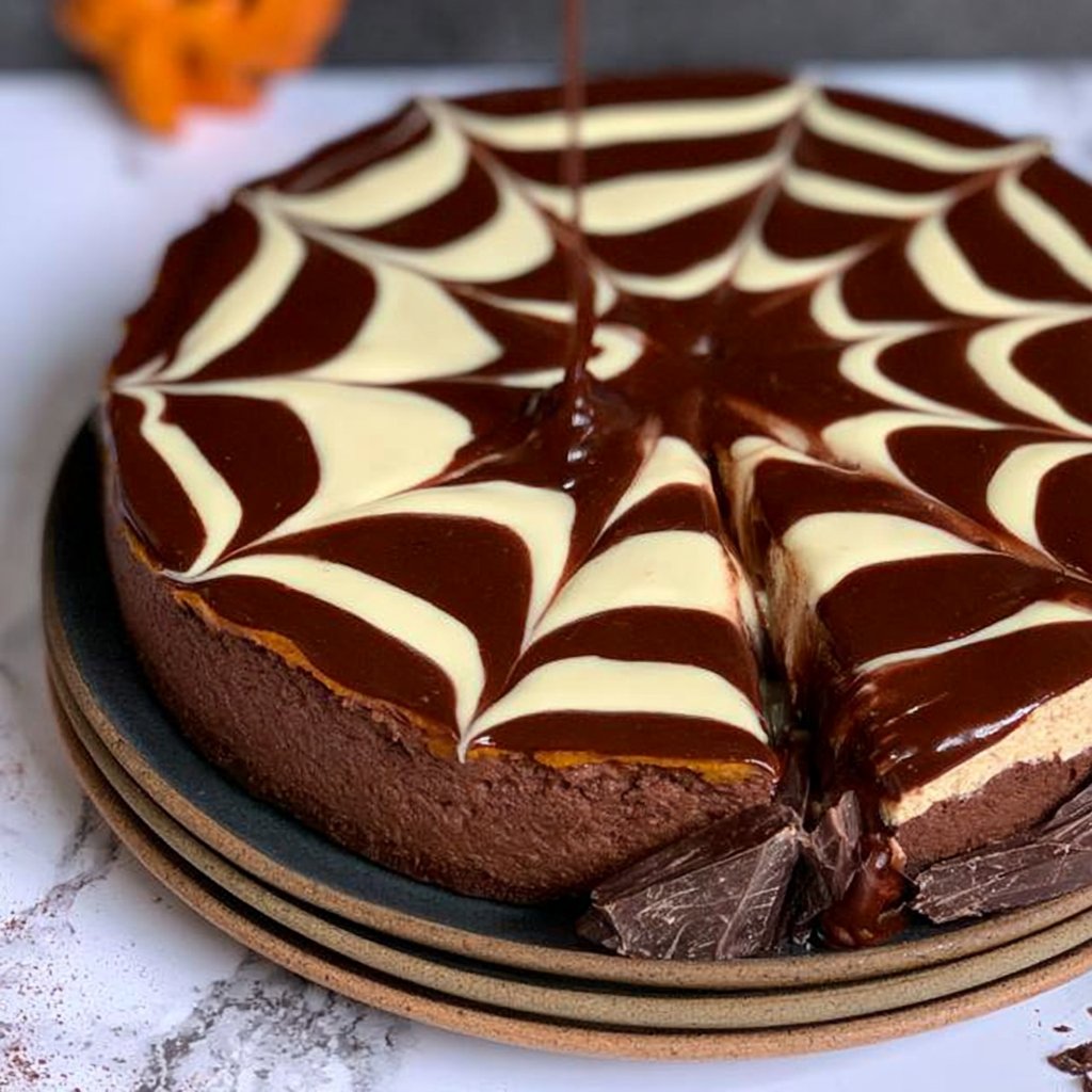 Chocolate Swirled Spiderweb Pumpkin Cheesecake