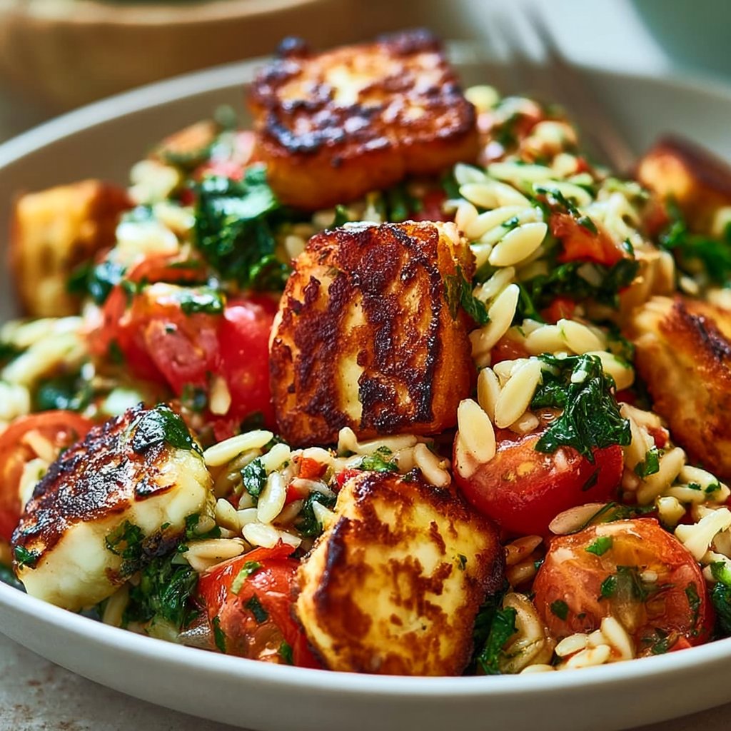 Kritharaki-Salat mit Halloumi-Croutons