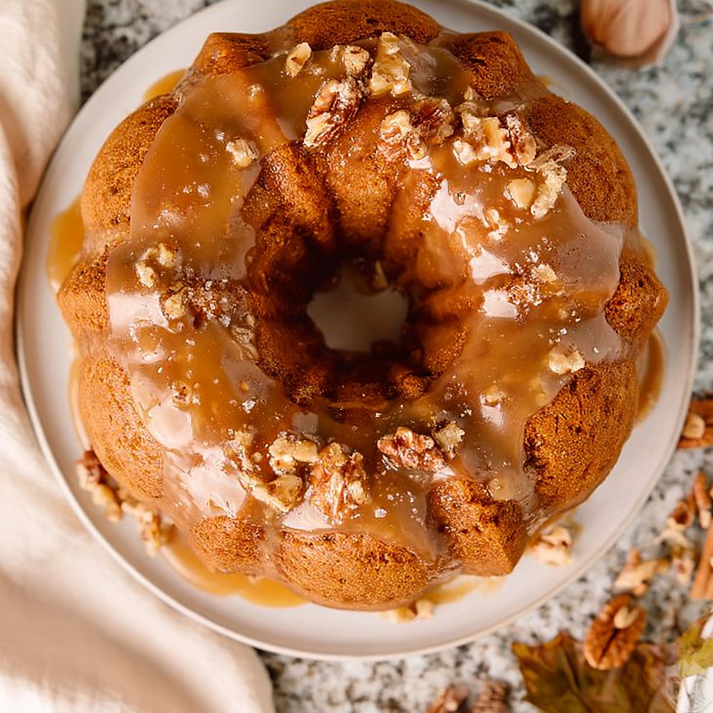 Moist Spiced Pumpkin Bundt Cake with Salted Caramel