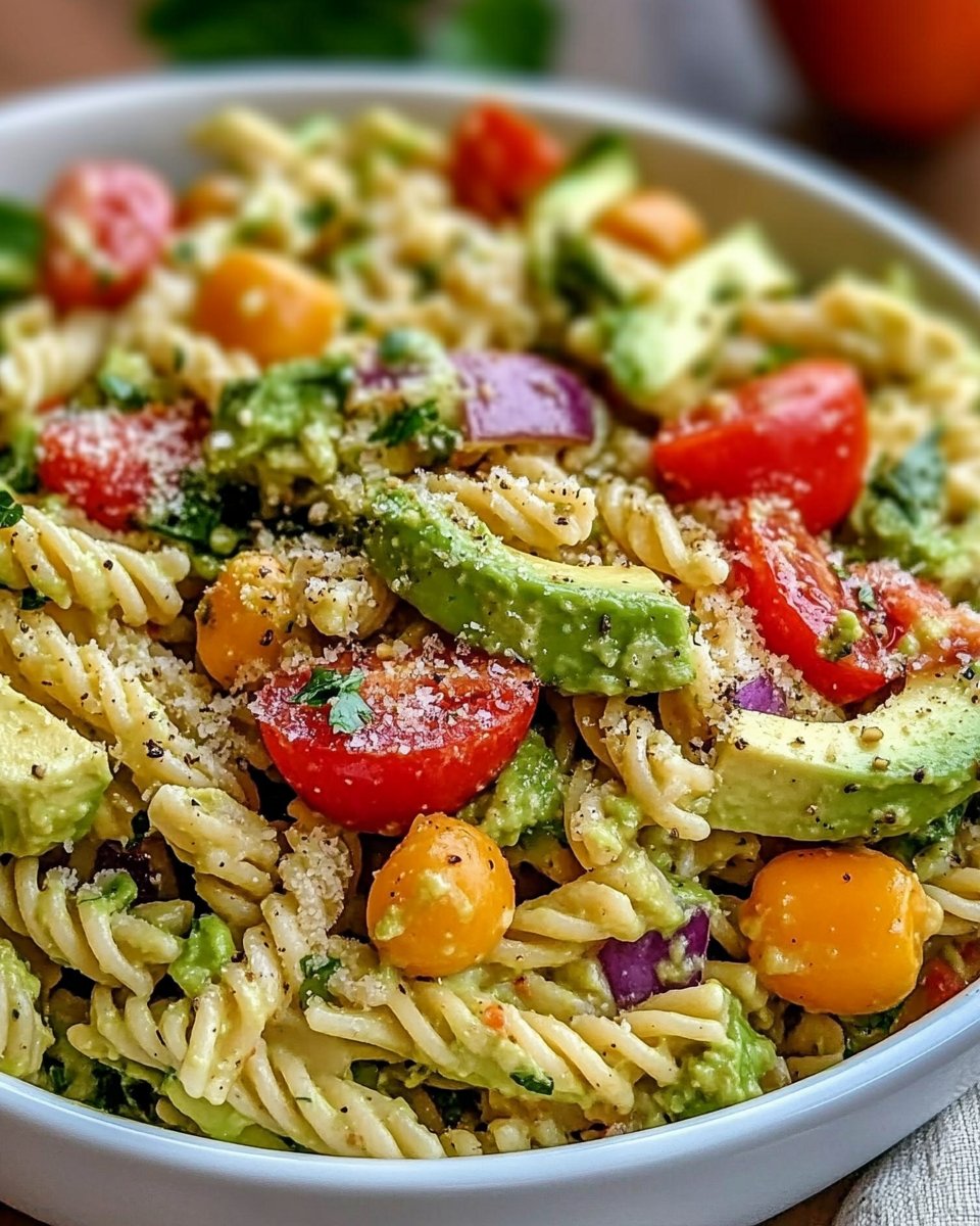 Proteinreicher veganer Avocado-Nudelsalat
