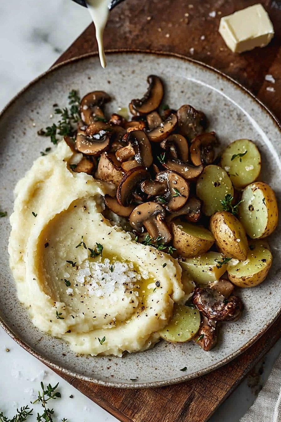 Zwiebel-Pilz-Gemüse mit cremigem Püree