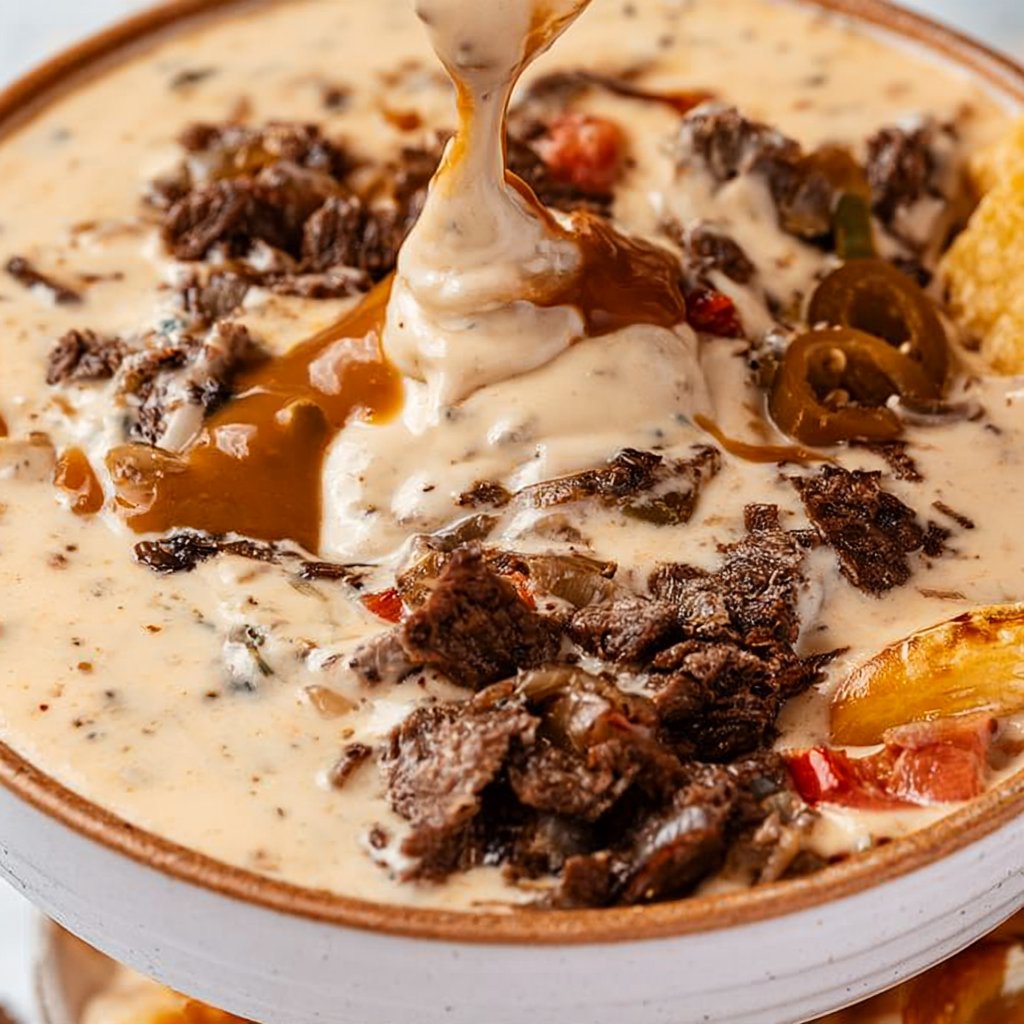 Skillet Philly Cheesesteak Queso Dip with Pretzels