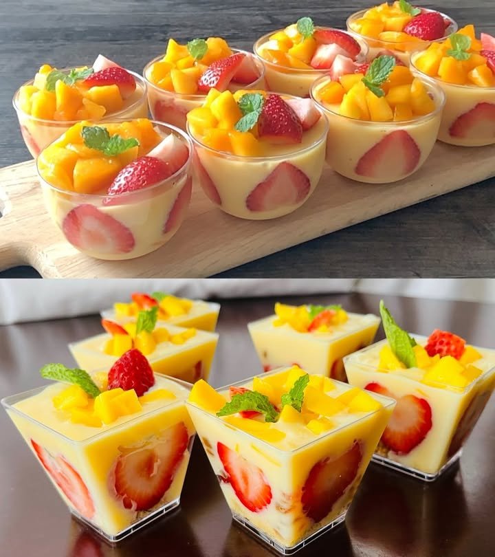 Schichtdessert mit Früchten und Keksen