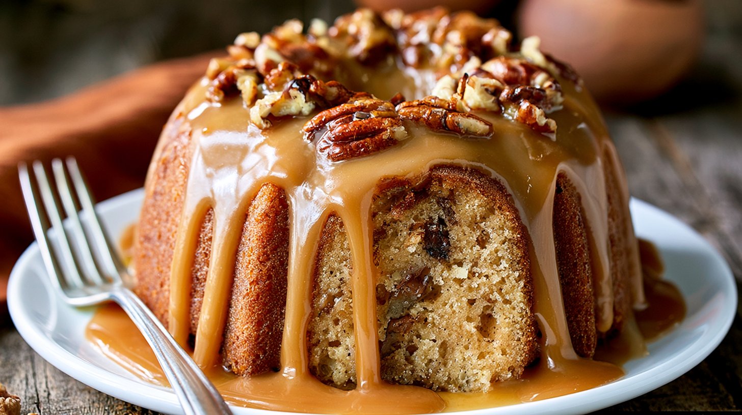 Toffee Pecan Bundt Cake with Caramel Drizzle