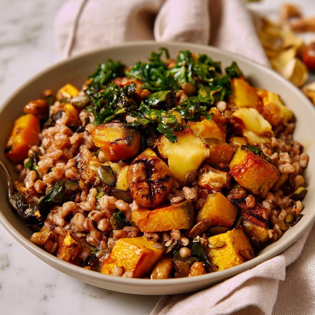 Fall Farro Grain Bowl with Roasted Veg and Crispy Cheese