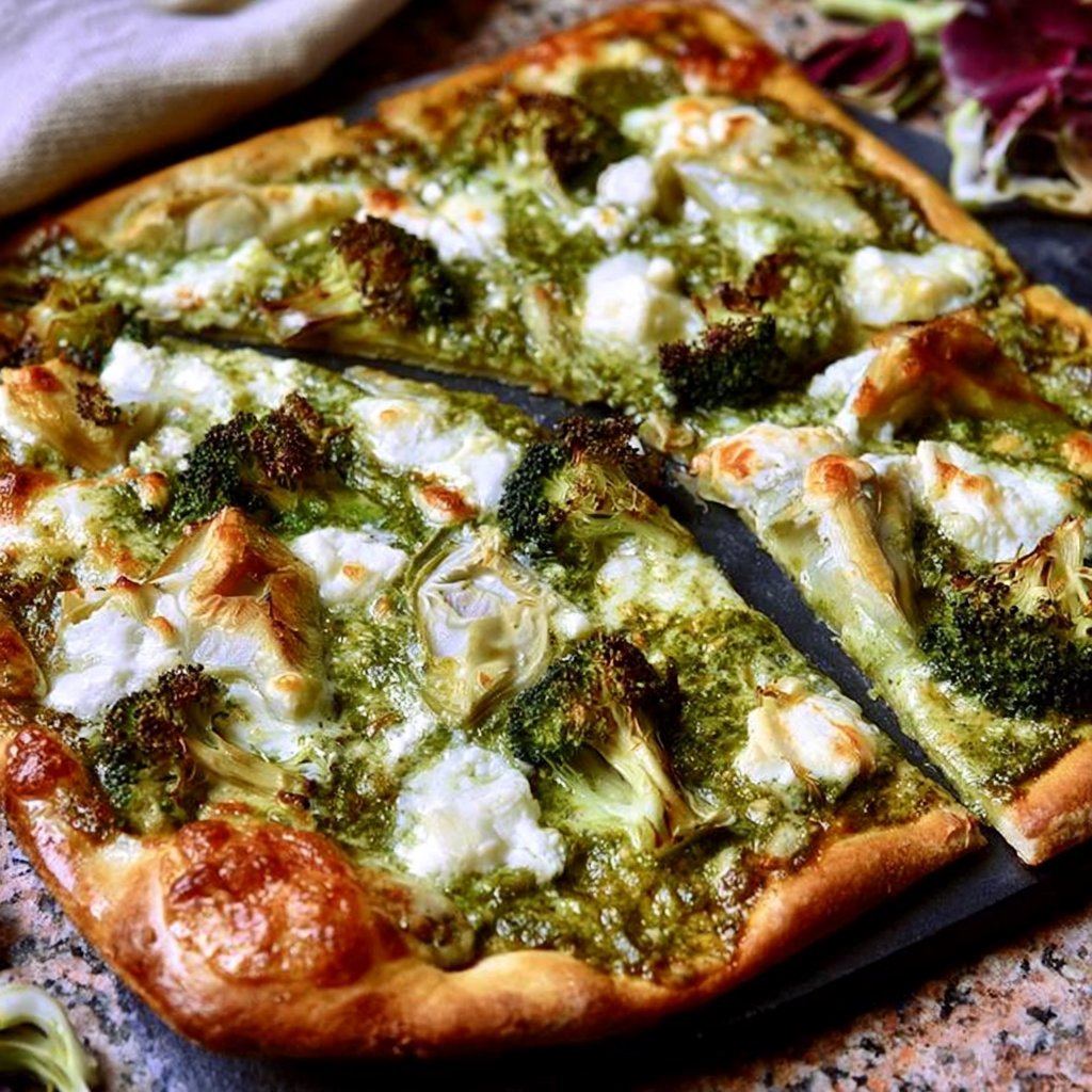 Green Pizza with Pesto, Feta, Artichokes, and Broccoli