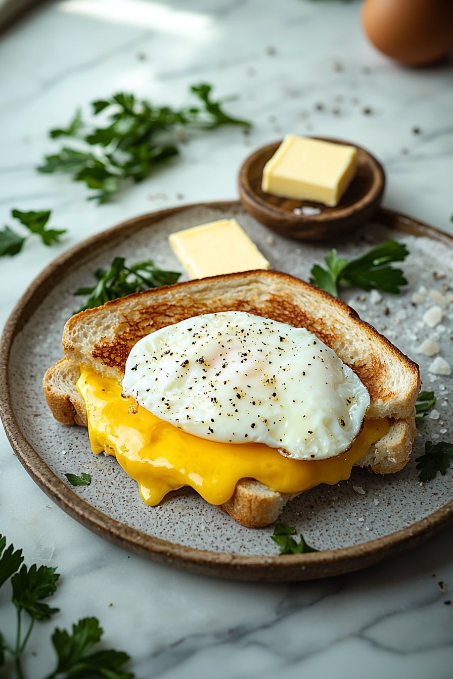 Breakfast Grilled Cheese Sandwich with Egg and Melted Cheese