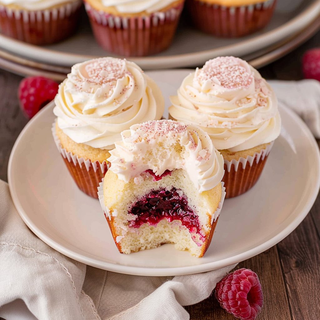 Almond Wedding Cake Cupcakes with Raspberry Filling