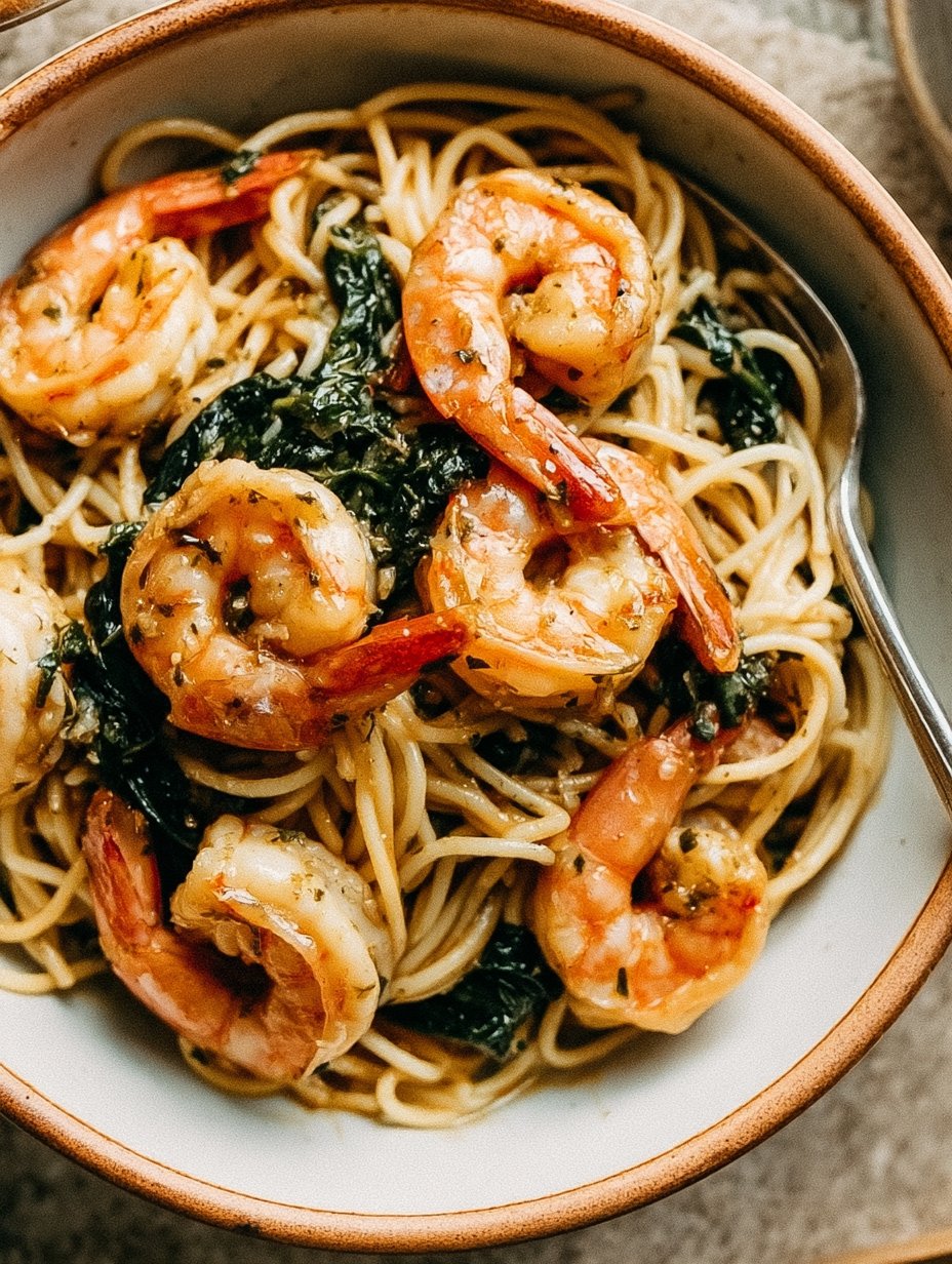 Pasta de camarones al ajo y limón con espinacas