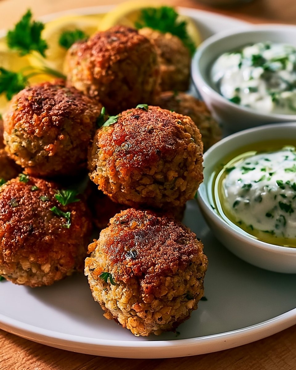 Fried Greek Lentil Meatballs with Tzatziki