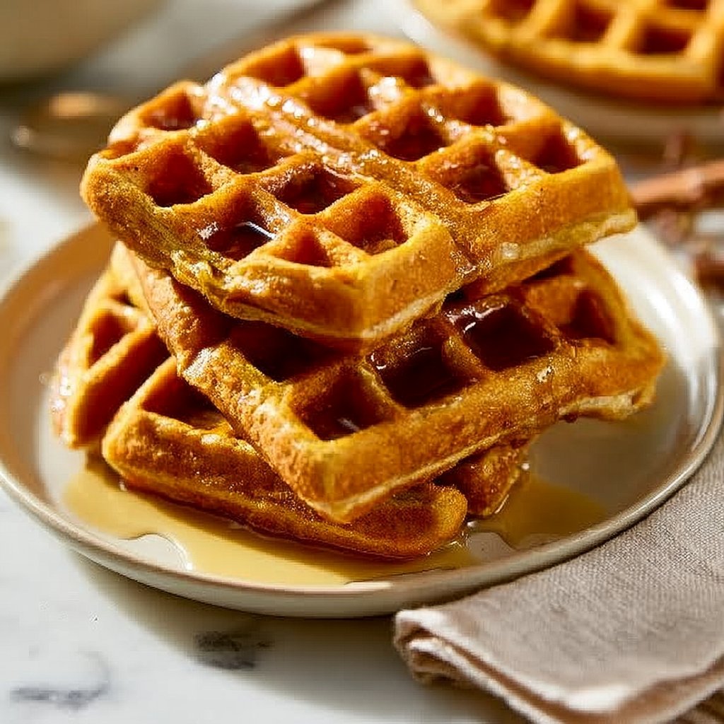 Fluffy Pumpkin Spice Belgian Waffles with Maple Drizzle