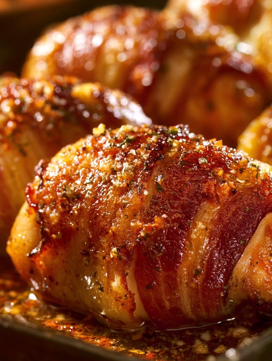 Pollo envuelto en tocino con ajo y parmesano