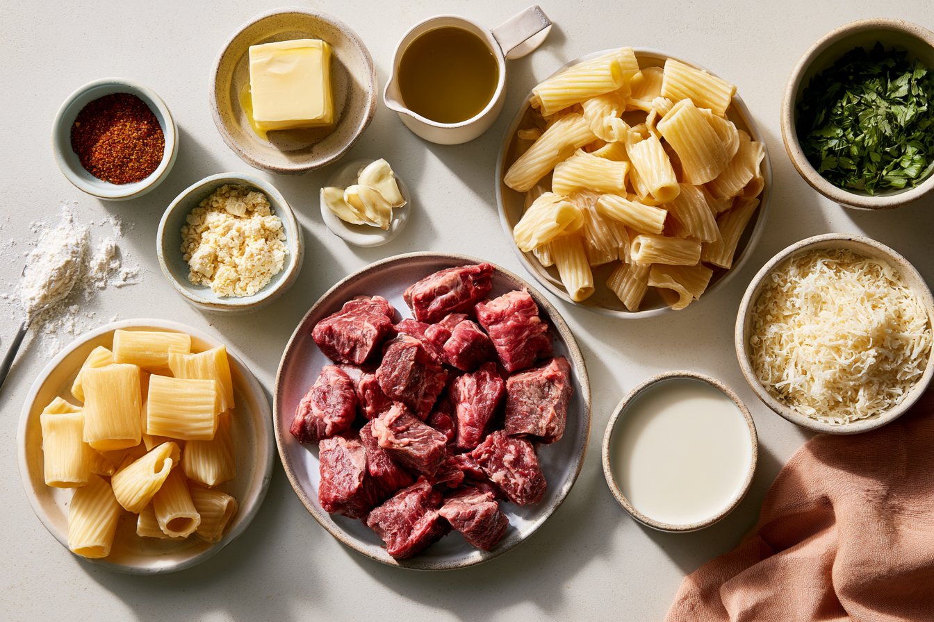 Cajun Steak Tips in Cheesy Rigatoni Parmesan Sauce