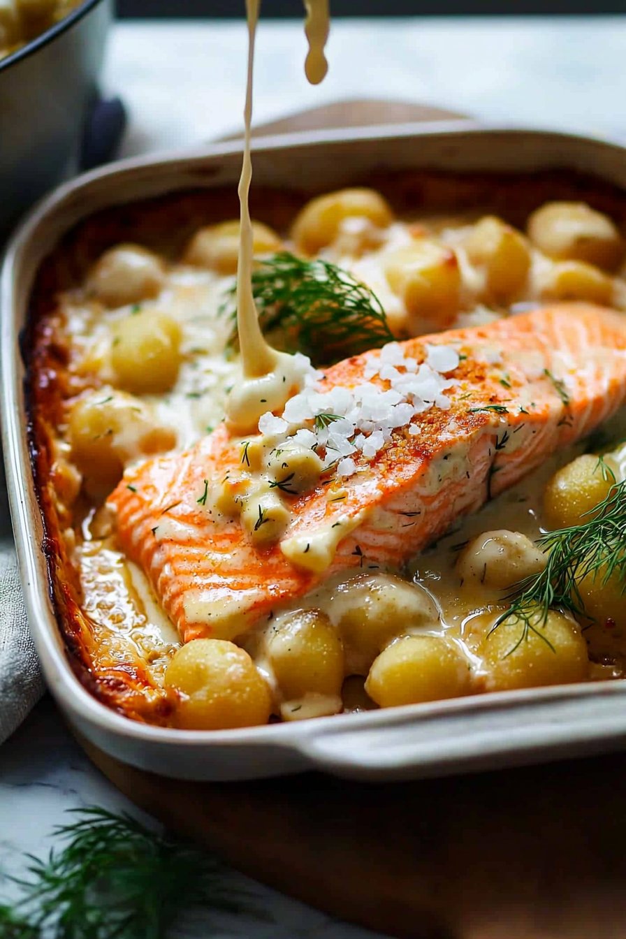 Lachs-Sahne-Gratin mit Gnocchi