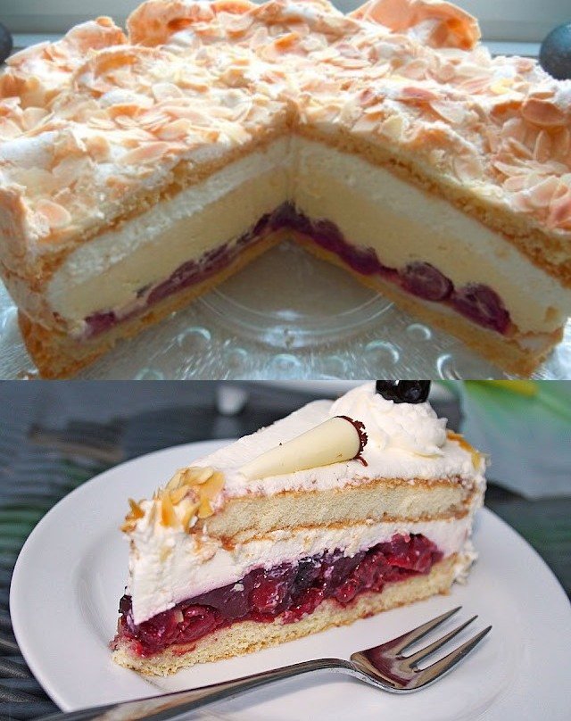Schokoladen-Sponge-Kuchen mit Meringue und Kirschen