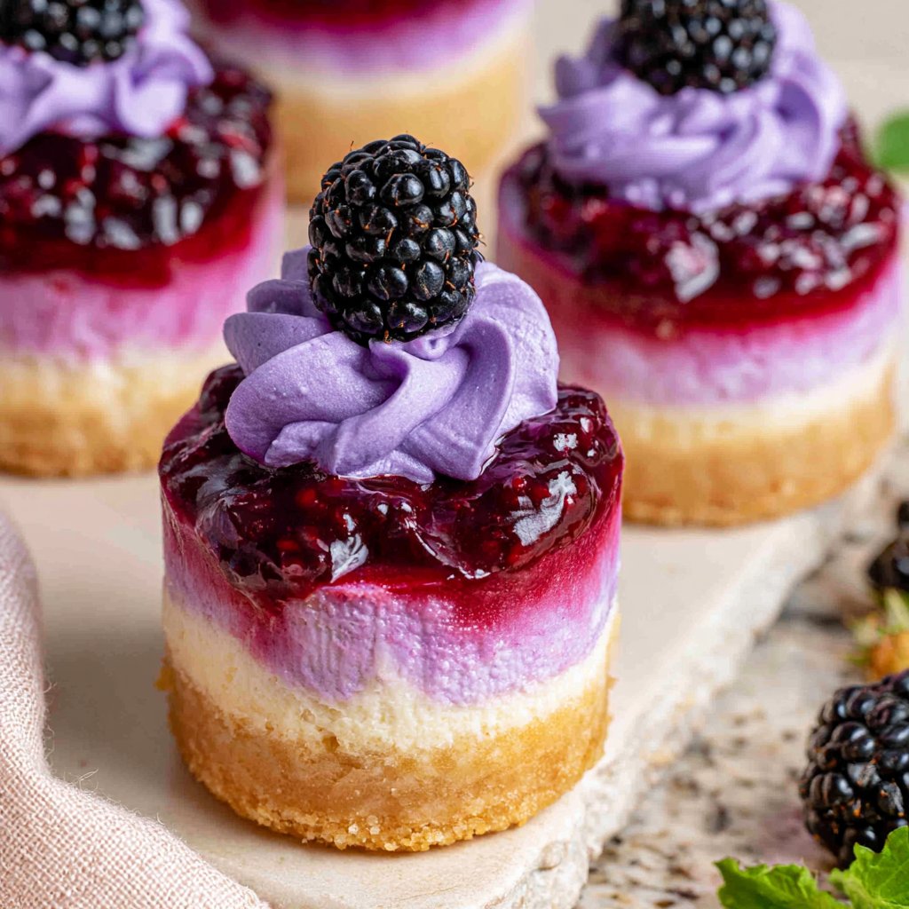 Mini Blackberry Cheesecakes with Fresh Blackberry Compote and Whipped Cream