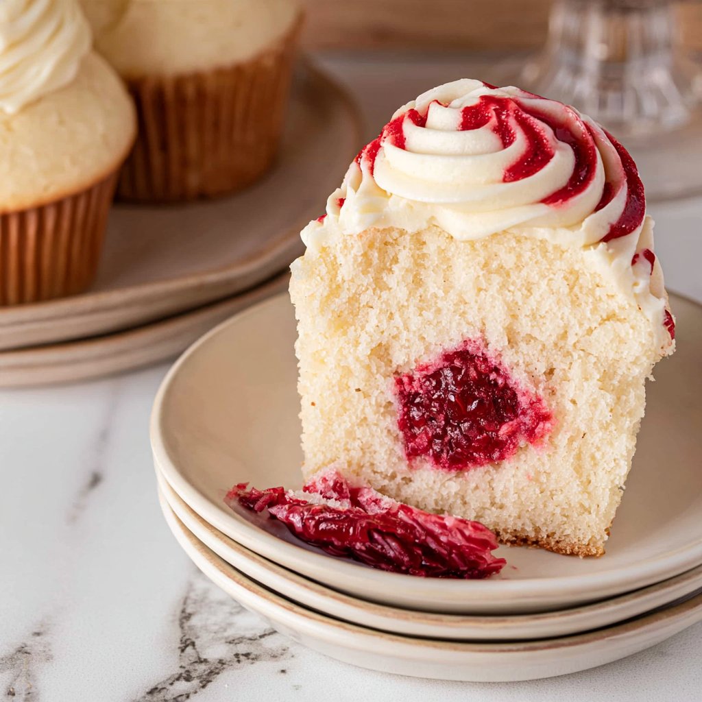Almond Wedding Cake Cupcakes with Raspberry Filling