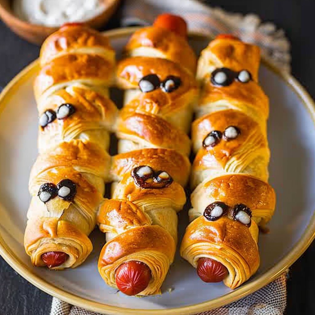 Crescent Roll Wrapped Mummy Hot Dogs