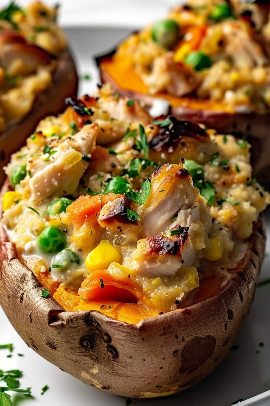 Chicken Pot Pie Stuffed Sweet Potatoes 2 Easy Chicken Pot Pie Stuffed Sweet Potatoes | Healthy High-Protein Comfort Food