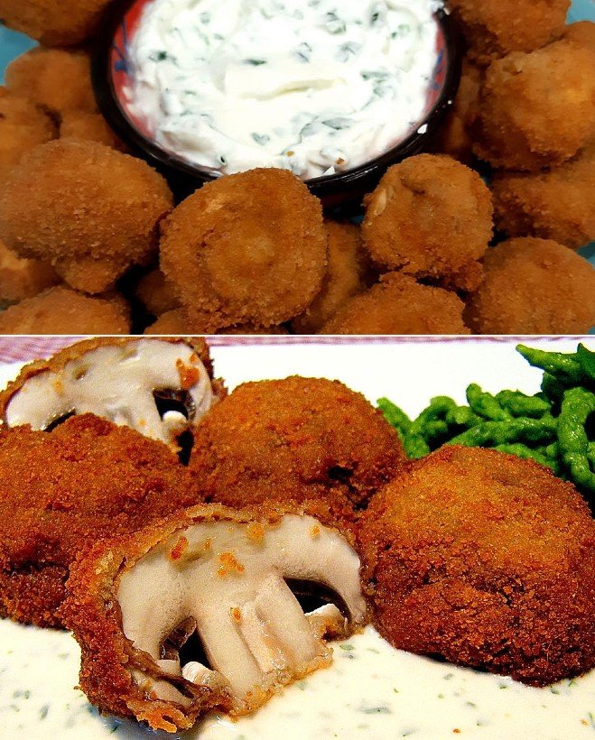Panierte Champignons und Kräuterquark