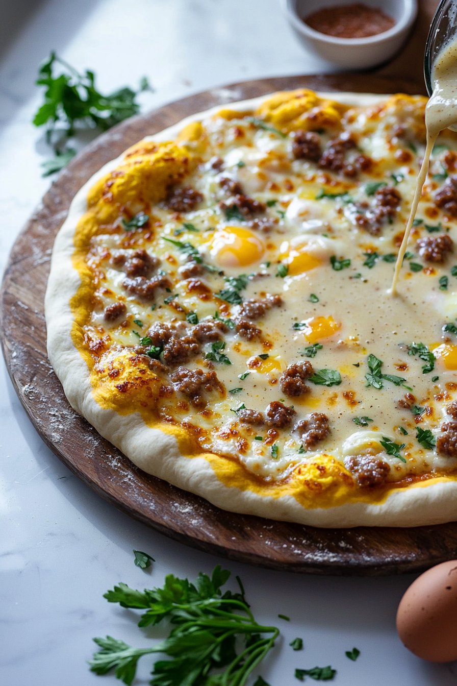 Frühstücks-Pizza mit Würstchensoße