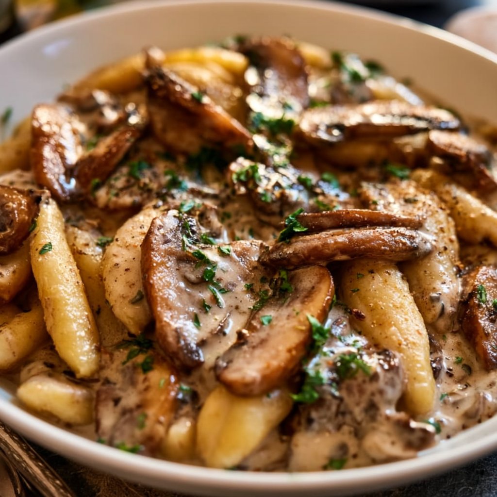 Cremige Pilzrahmsoße mit Schupfnudeln