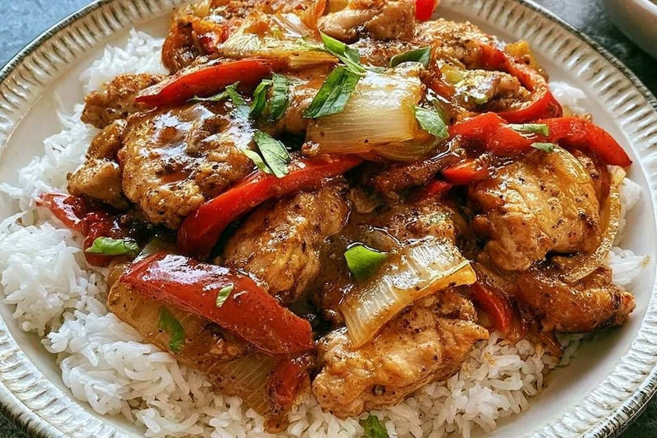 Black Pepper Chicken with Peppers and Onions | Family dinner ideas with peppers, Chicken rice peppers easy recipes, Easy black pepper chicken