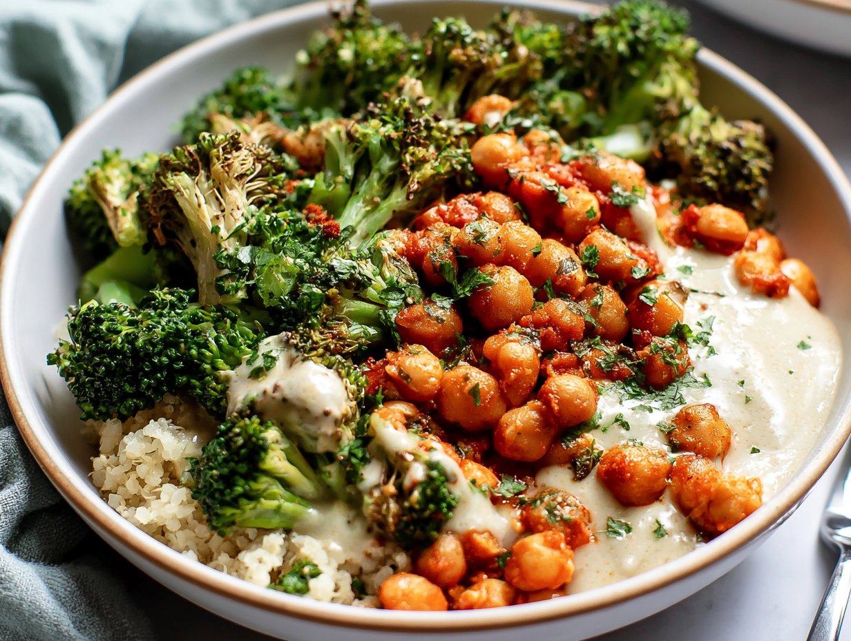 Harissa Chickpea and Broccoli Bowls with Creamy Garlic Sauce