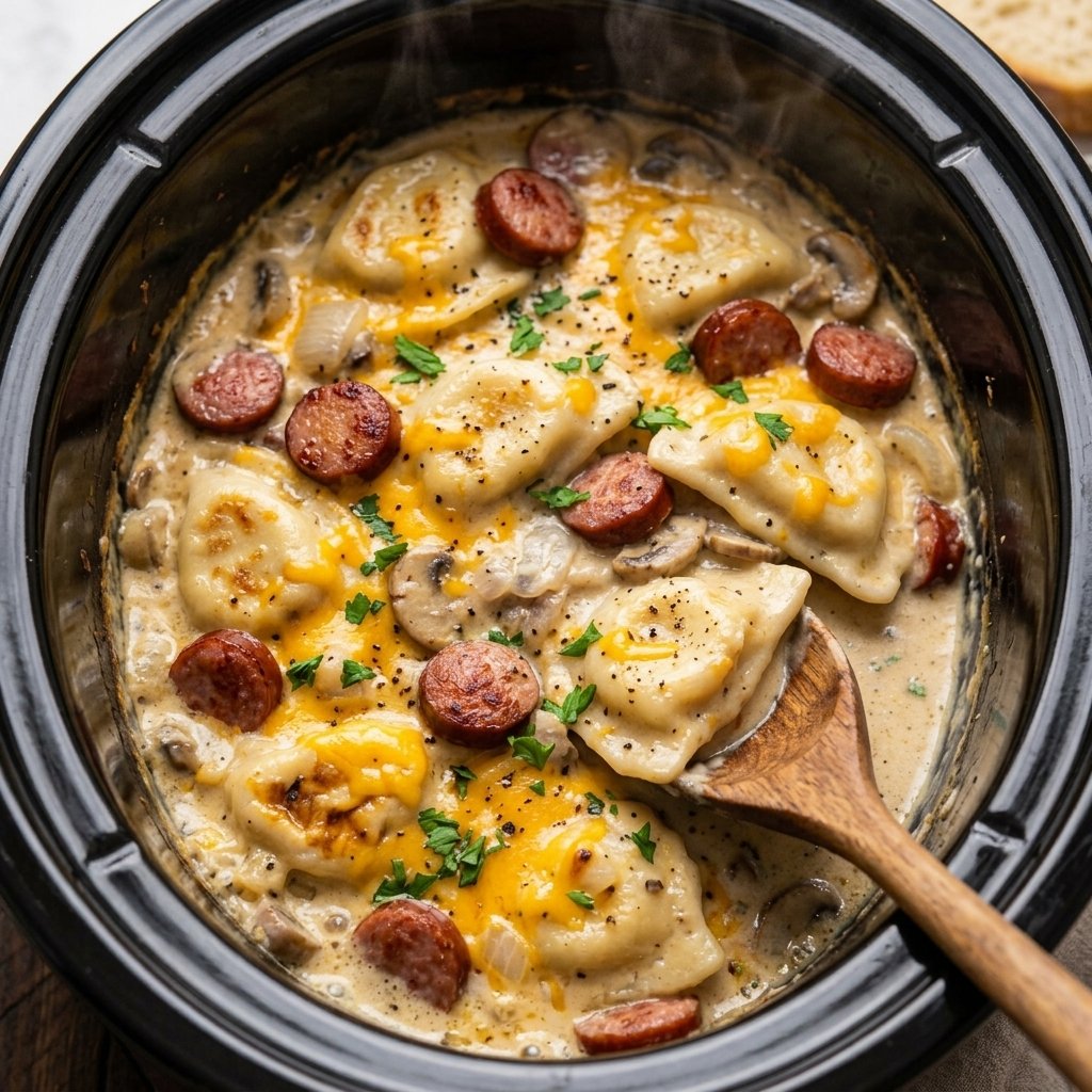 Crockpot Pierogi Casserole with Kielbasa