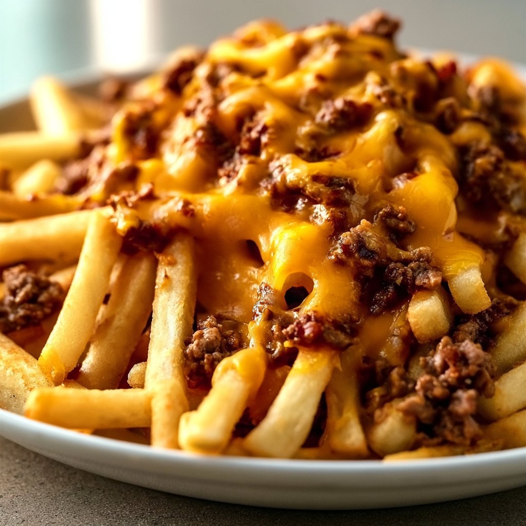 Pommes Frites mit Hackfleisch und Cheddar