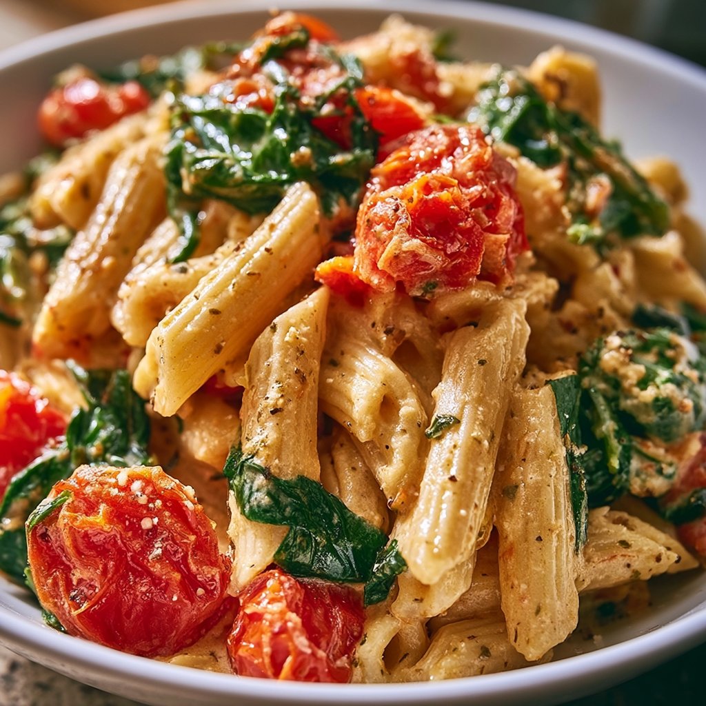 Cremige Nudeln mit Tomaten und Spinat