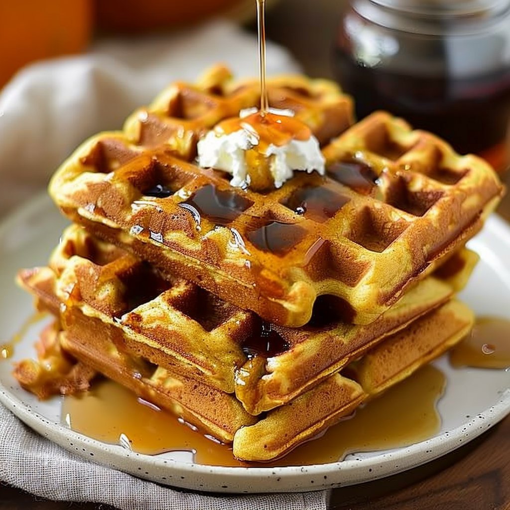 Fluffy Pumpkin Spice Belgian Waffles with Maple Drizzle
