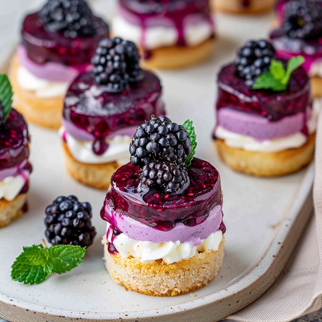 Mini Blackberry Cheesecakes with Fresh Blackberry Compote and Whipped Cream