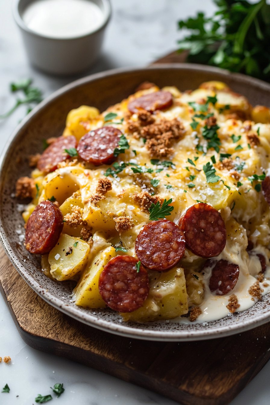 Kielbasa Sausage Cheesy Potato Casserole