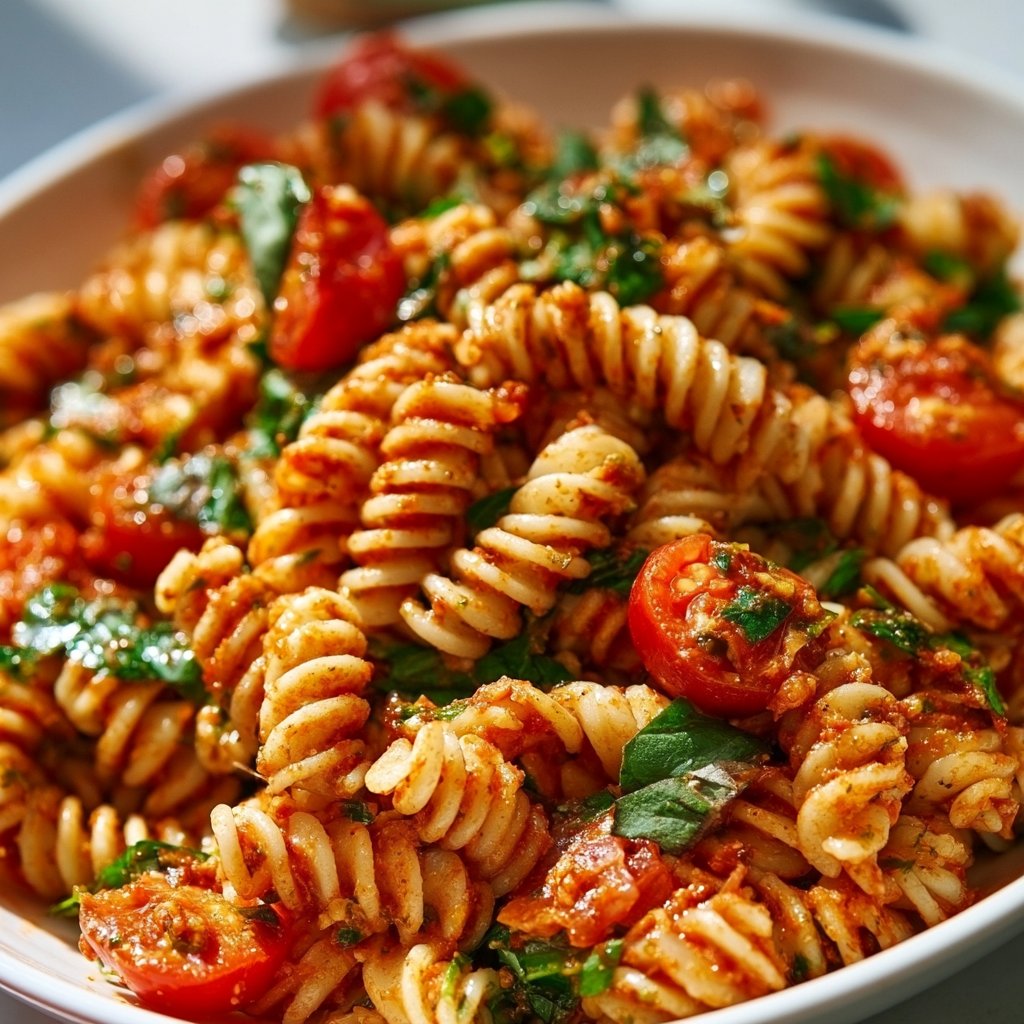 Nudelsalat mit rotem Pesto