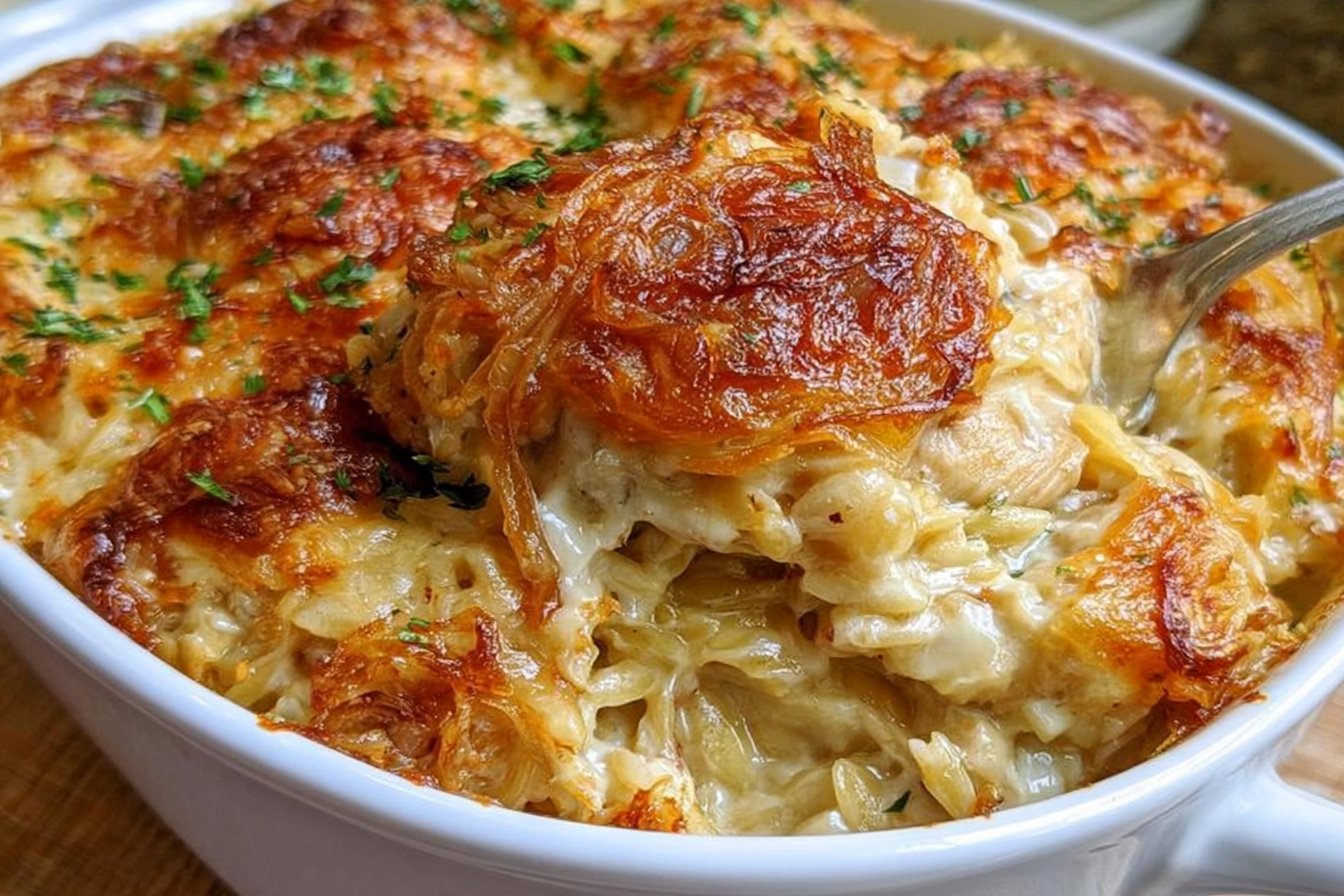 French Onion Chicken Orzo Casserole